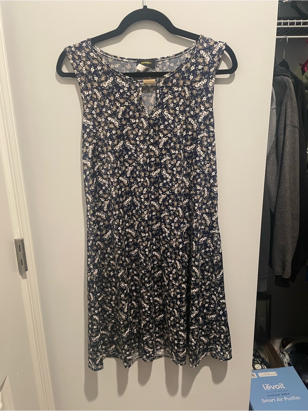 Espresso Navy and White Floral Sleeveless A-Line Dress